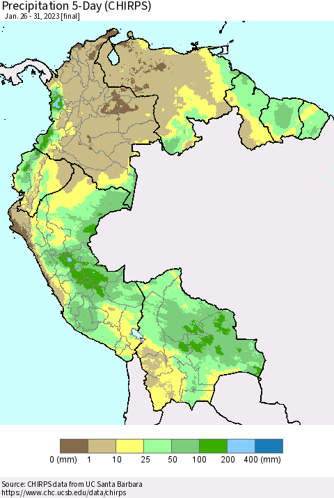 Northern South America Precipitation 5-Day (CHIRPS) Thematic Map For 1/26/2023 - 1/31/2023