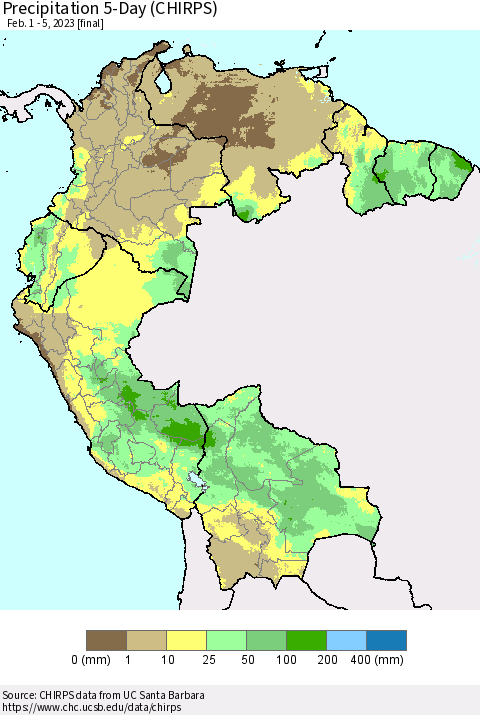 Northern South America Precipitation 5-Day (CHIRPS) Thematic Map For 2/1/2023 - 2/5/2023