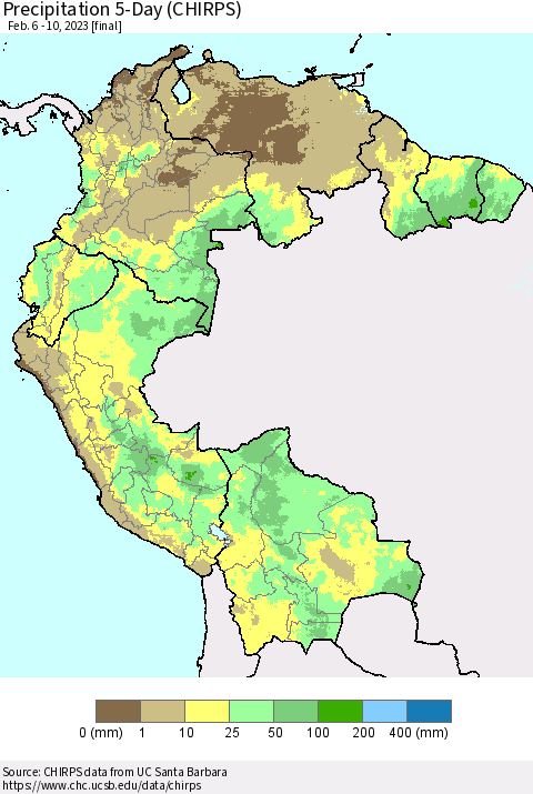 Northern South America Precipitation 5-Day (CHIRPS) Thematic Map For 2/6/2023 - 2/10/2023