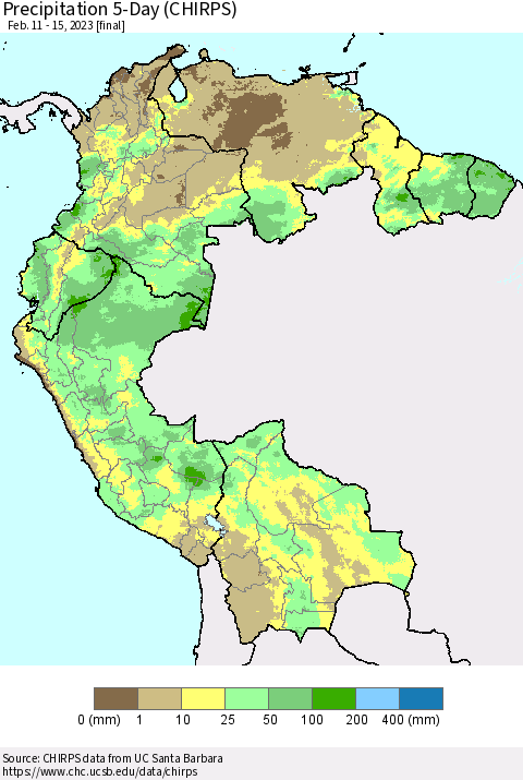 Northern South America Precipitation 5-Day (CHIRPS) Thematic Map For 2/11/2023 - 2/15/2023