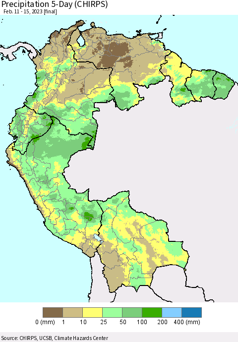 Northern South America Precipitation 5-Day (CHIRPS) Thematic Map For 2/11/2023 - 2/15/2023