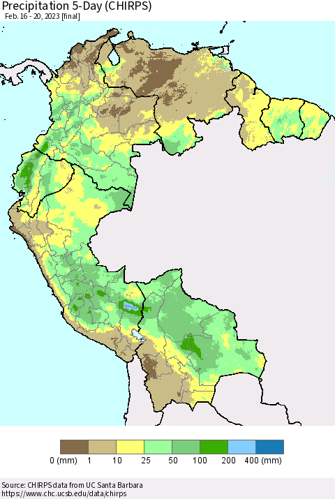 Northern South America Precipitation 5-Day (CHIRPS) Thematic Map For 2/16/2023 - 2/20/2023