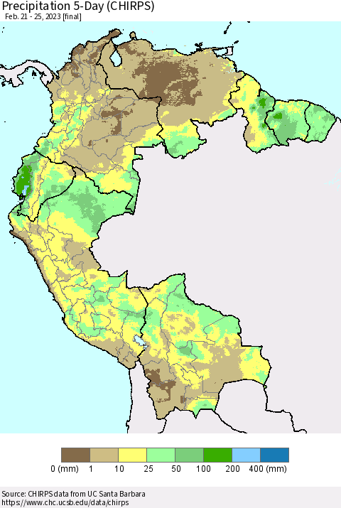 Northern South America Precipitation 5-Day (CHIRPS) Thematic Map For 2/21/2023 - 2/25/2023