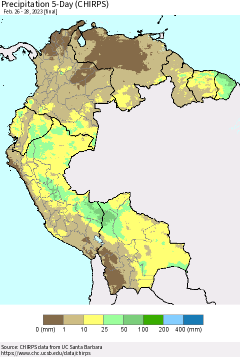 Northern South America Precipitation 5-Day (CHIRPS) Thematic Map For 2/26/2023 - 2/28/2023