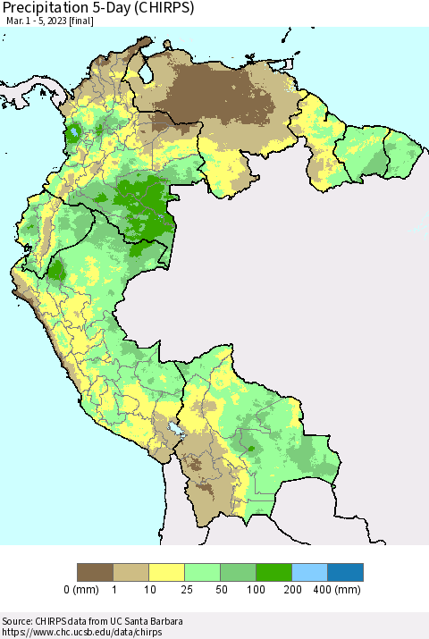Northern South America Precipitation 5-Day (CHIRPS) Thematic Map For 3/1/2023 - 3/5/2023