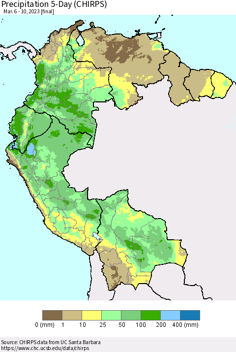 Northern South America Precipitation 5-Day (CHIRPS) Thematic Map For 3/6/2023 - 3/10/2023