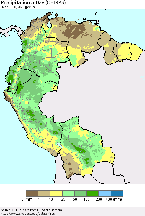 Northern South America Precipitation 5-Day (CHIRPS) Thematic Map For 3/6/2023 - 3/10/2023