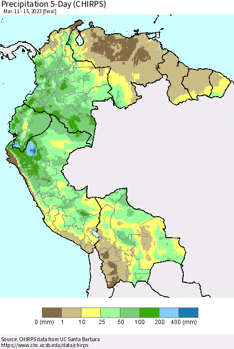 Northern South America Precipitation 5-Day (CHIRPS) Thematic Map For 3/11/2023 - 3/15/2023