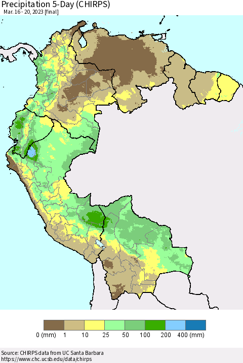 Northern South America Precipitation 5-Day (CHIRPS) Thematic Map For 3/16/2023 - 3/20/2023