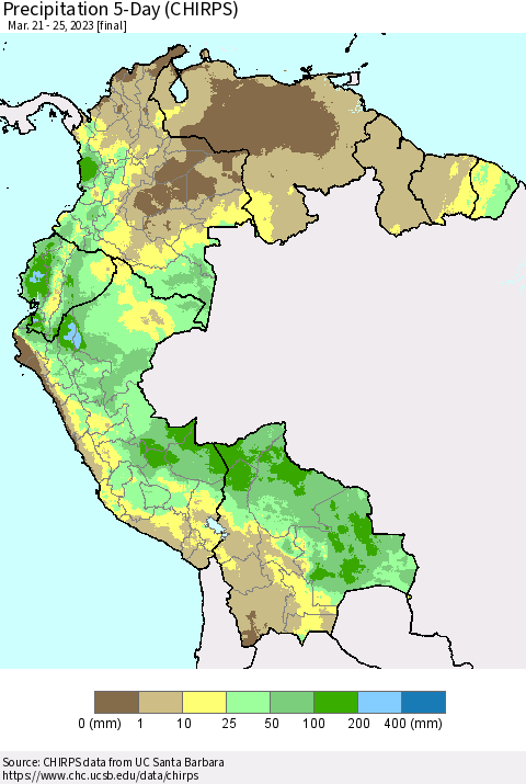 Northern South America Precipitation 5-Day (CHIRPS) Thematic Map For 3/21/2023 - 3/25/2023