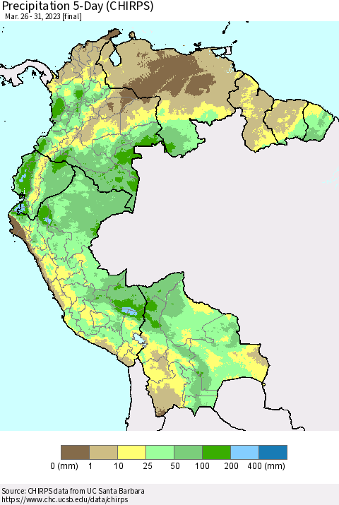 Northern South America Precipitation 5-Day (CHIRPS) Thematic Map For 3/26/2023 - 3/31/2023