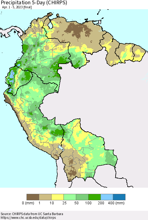 Northern South America Precipitation 5-Day (CHIRPS) Thematic Map For 4/1/2023 - 4/5/2023