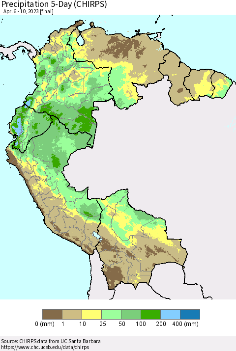 Northern South America Precipitation 5-Day (CHIRPS) Thematic Map For 4/6/2023 - 4/10/2023