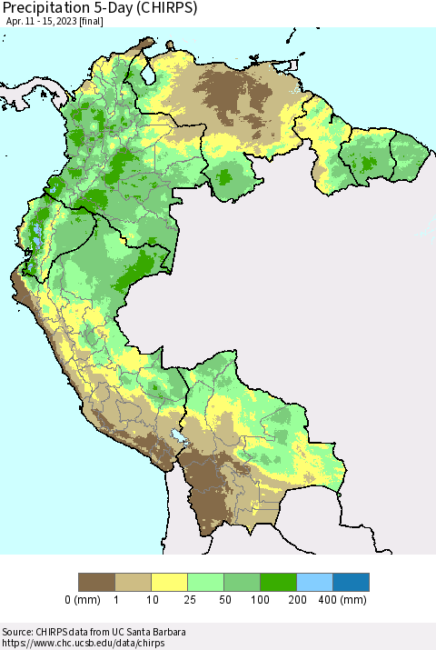 Northern South America Precipitation 5-Day (CHIRPS) Thematic Map For 4/11/2023 - 4/15/2023
