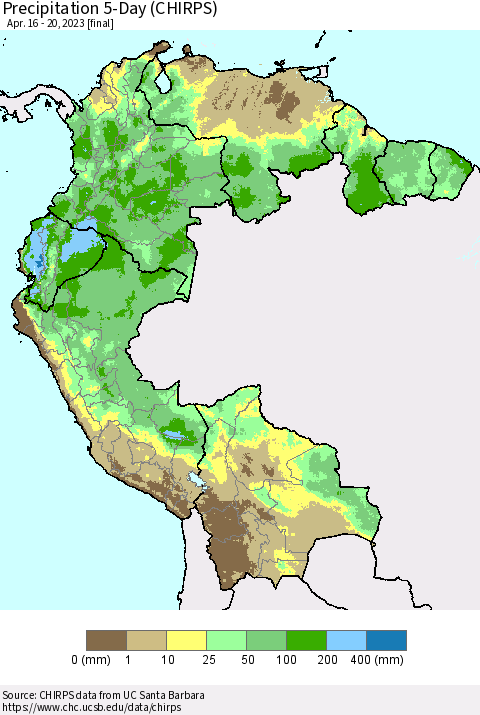 Northern South America Precipitation 5-Day (CHIRPS) Thematic Map For 4/16/2023 - 4/20/2023