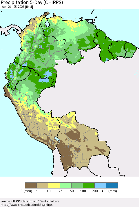Northern South America Precipitation 5-Day (CHIRPS) Thematic Map For 4/21/2023 - 4/25/2023