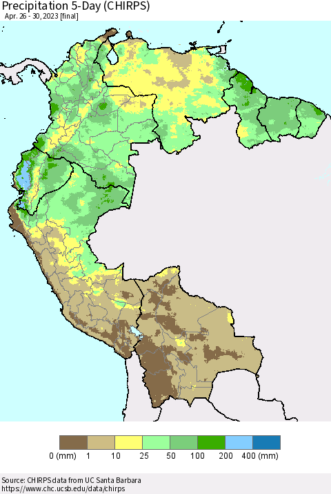 Northern South America Precipitation 5-Day (CHIRPS) Thematic Map For 4/26/2023 - 4/30/2023