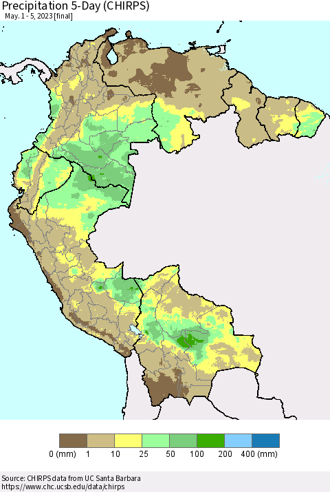 Northern South America Precipitation 5-Day (CHIRPS) Thematic Map For 5/1/2023 - 5/5/2023