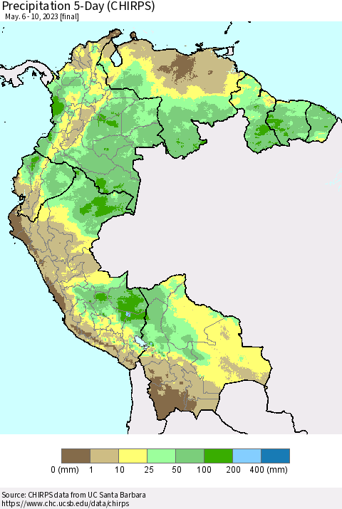 Northern South America Precipitation 5-Day (CHIRPS) Thematic Map For 5/6/2023 - 5/10/2023