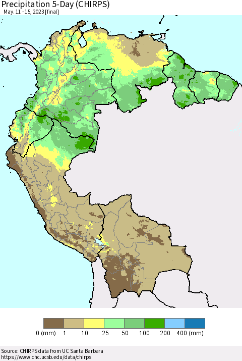 Northern South America Precipitation 5-Day (CHIRPS) Thematic Map For 5/11/2023 - 5/15/2023