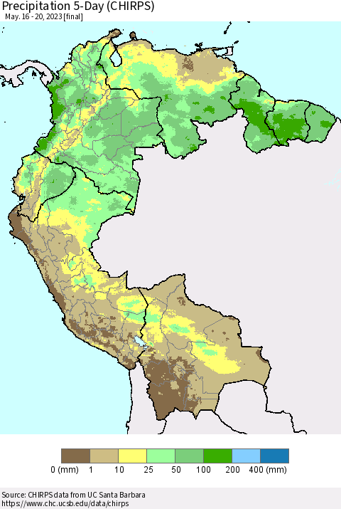 Northern South America Precipitation 5-Day (CHIRPS) Thematic Map For 5/16/2023 - 5/20/2023