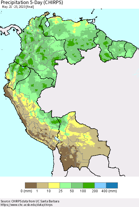 Northern South America Precipitation 5-Day (CHIRPS) Thematic Map For 5/21/2023 - 5/25/2023