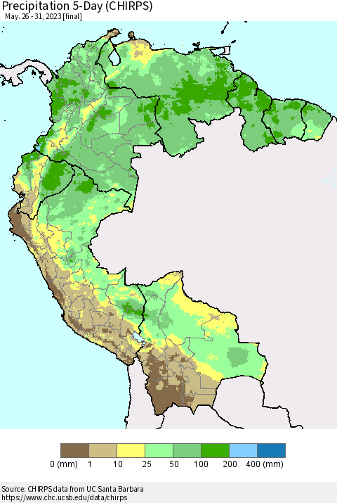 Northern South America Precipitation 5-Day (CHIRPS) Thematic Map For 5/26/2023 - 5/31/2023