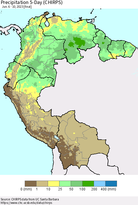 Northern South America Precipitation 5-Day (CHIRPS) Thematic Map For 6/6/2023 - 6/10/2023