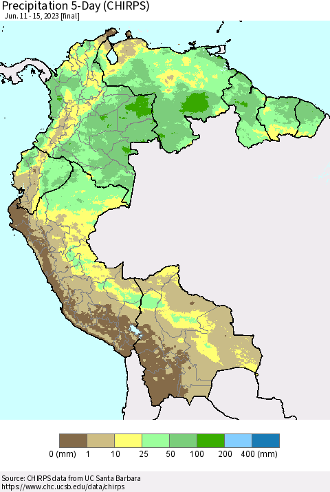 Northern South America Precipitation 5-Day (CHIRPS) Thematic Map For 6/11/2023 - 6/15/2023