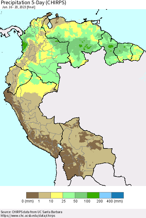 Northern South America Precipitation 5-Day (CHIRPS) Thematic Map For 6/16/2023 - 6/20/2023