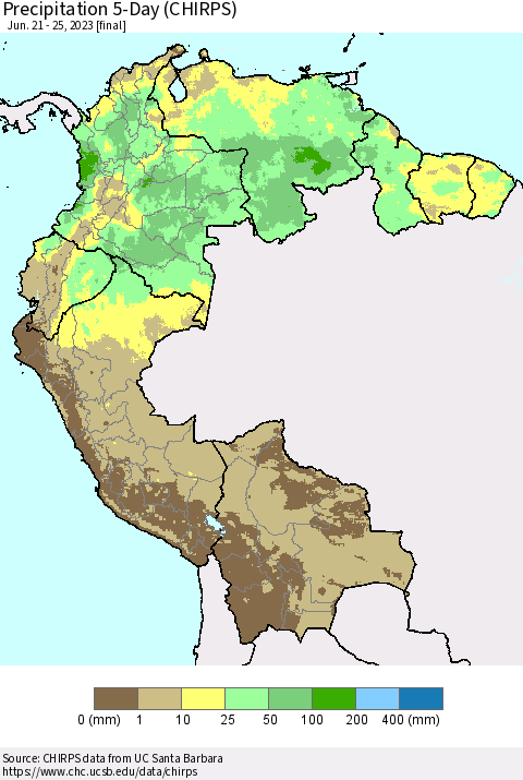 Northern South America Precipitation 5-Day (CHIRPS) Thematic Map For 6/21/2023 - 6/25/2023
