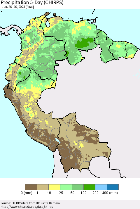 Northern South America Precipitation 5-Day (CHIRPS) Thematic Map For 6/26/2023 - 6/30/2023