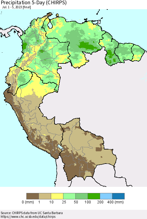 Northern South America Precipitation 5-Day (CHIRPS) Thematic Map For 7/1/2023 - 7/5/2023