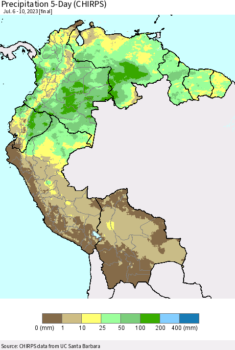 Northern South America Precipitation 5-Day (CHIRPS) Thematic Map For 7/6/2023 - 7/10/2023