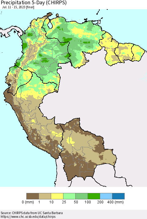 Northern South America Precipitation 5-Day (CHIRPS) Thematic Map For 7/11/2023 - 7/15/2023