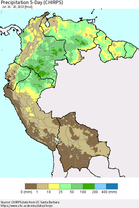 Northern South America Precipitation 5-Day (CHIRPS) Thematic Map For 7/16/2023 - 7/20/2023