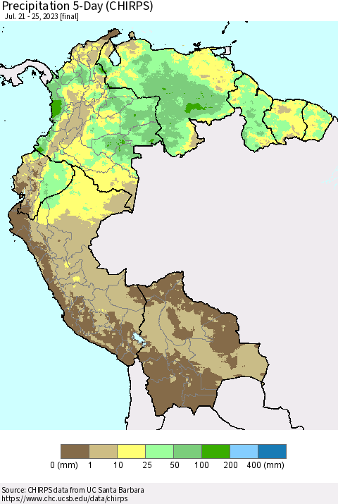 Northern South America Precipitation 5-Day (CHIRPS) Thematic Map For 7/21/2023 - 7/25/2023