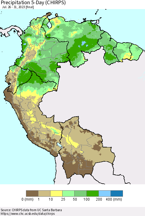 Northern South America Precipitation 5-Day (CHIRPS) Thematic Map For 7/26/2023 - 7/31/2023