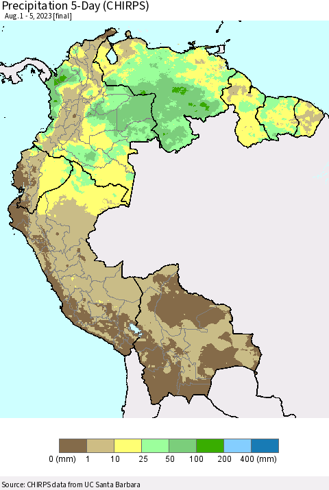 Northern South America Precipitation 5-Day (CHIRPS) Thematic Map For 8/1/2023 - 8/5/2023