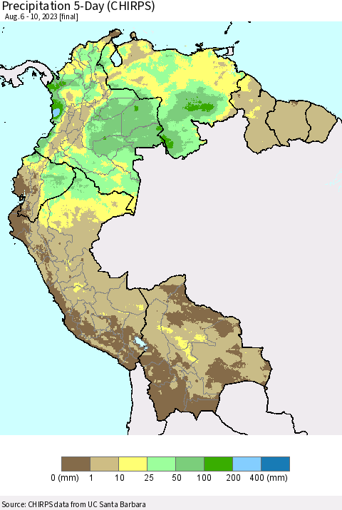 Northern South America Precipitation 5-Day (CHIRPS) Thematic Map For 8/6/2023 - 8/10/2023