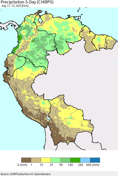 Northern South America Precipitation 5-Day (CHIRPS) Thematic Map For 8/11/2023 - 8/15/2023