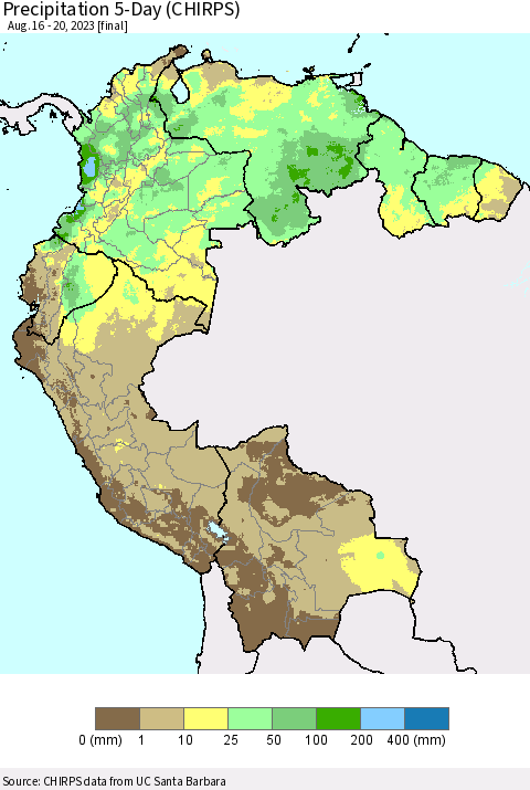 Northern South America Precipitation 5-Day (CHIRPS) Thematic Map For 8/16/2023 - 8/20/2023