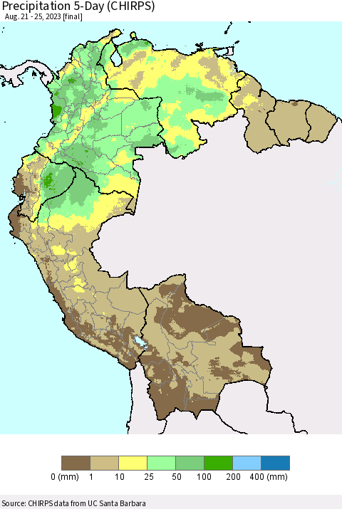 Northern South America Precipitation 5-Day (CHIRPS) Thematic Map For 8/21/2023 - 8/25/2023
