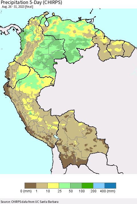 Northern South America Precipitation 5-Day (CHIRPS) Thematic Map For 8/26/2023 - 8/31/2023