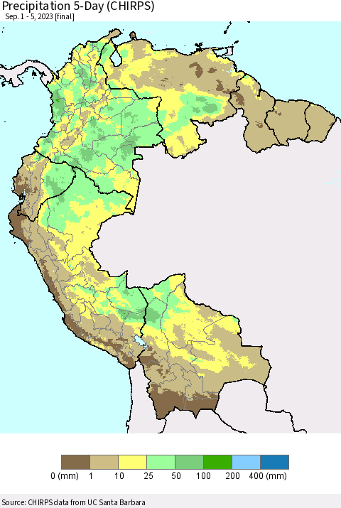 Northern South America Precipitation 5-Day (CHIRPS) Thematic Map For 9/1/2023 - 9/5/2023