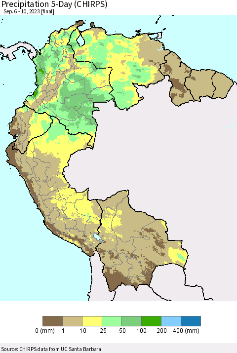 Northern South America Precipitation 5-Day (CHIRPS) Thematic Map For 9/6/2023 - 9/10/2023