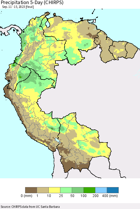 Northern South America Precipitation 5-Day (CHIRPS) Thematic Map For 9/11/2023 - 9/15/2023