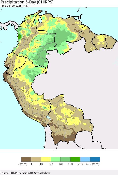 Northern South America Precipitation 5-Day (CHIRPS) Thematic Map For 9/16/2023 - 9/20/2023