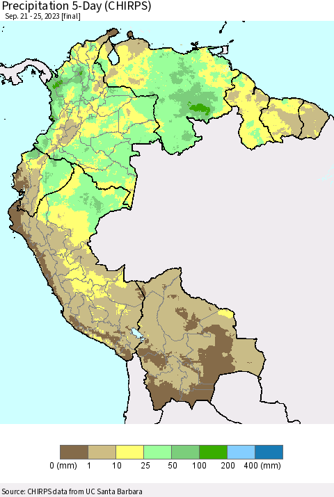 Northern South America Precipitation 5-Day (CHIRPS) Thematic Map For 9/21/2023 - 9/25/2023