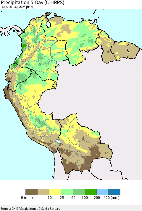 Northern South America Precipitation 5-Day (CHIRPS) Thematic Map For 9/26/2023 - 9/30/2023